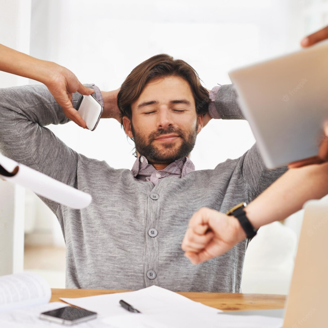 A young professional sitting at a desk, feeling overwhelmed and stressed. The boy is shown with his eyes closed, covering his face with both hands. Surrounding him are various objects symbolizing work-related stress. 