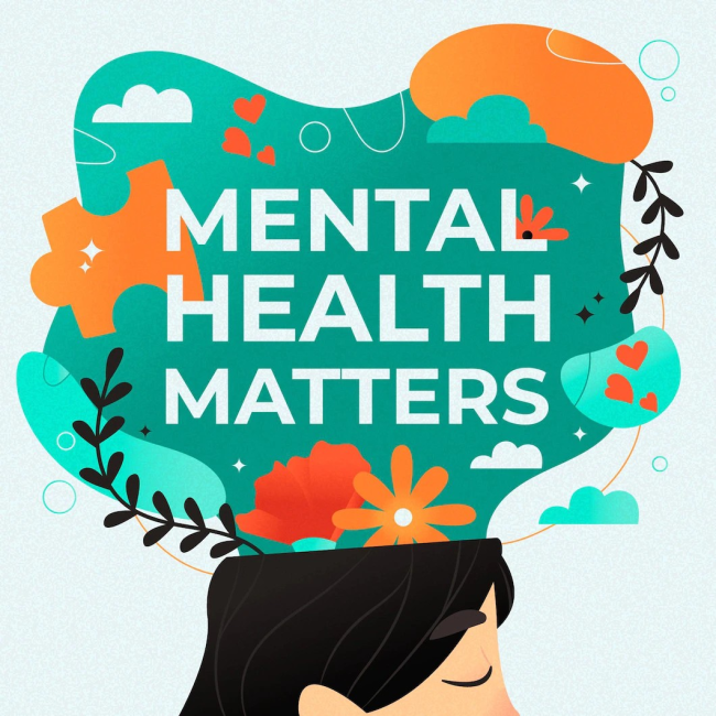 A digital representation symbolizing the importance of mental health. The image features a vibrant and colorful graphic with various elements. At the center, there is a stylized brain icon, representing the mind and mental well-being.