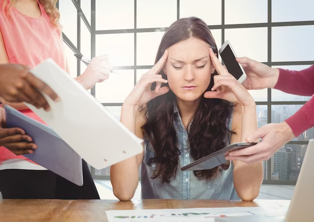 A young beautiful solopreneur, visibly stressed, surrounded by a depiction of multiple hands holding various work-related objects. 