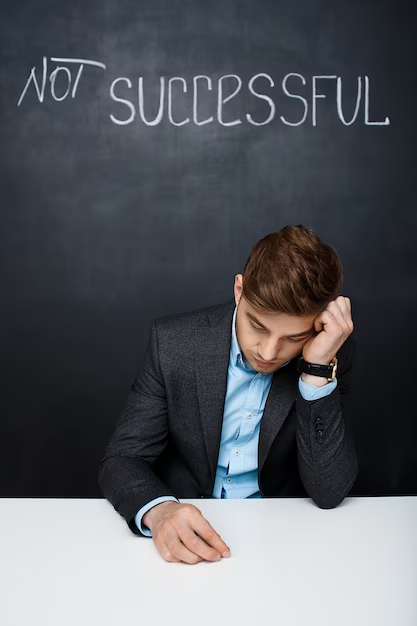 A saddened businessman, who is a solopreneur, sitting at his desk. In the background, a visual element is displayed with the text 'Not Successful,' conveying a constant fear of failure.