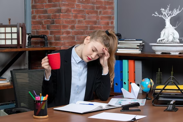 A beautiful young woman holding a cup of coffee in one hand while her other hand rests on her forehead, displaying signs of fatigue.