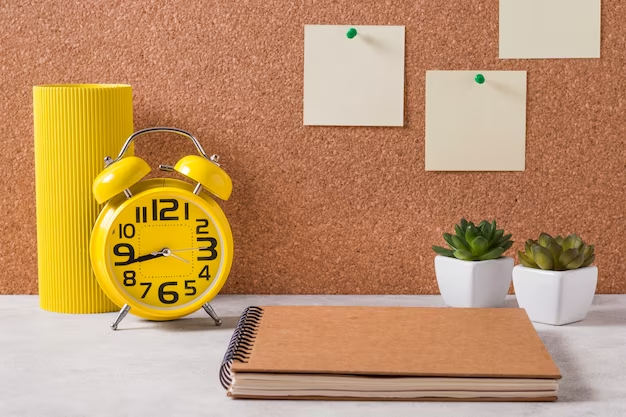 A well-organized table featuring a diary, plants, and an alarm clock. The diary is open and positioned neatly, representing a tool for organization and planning. 