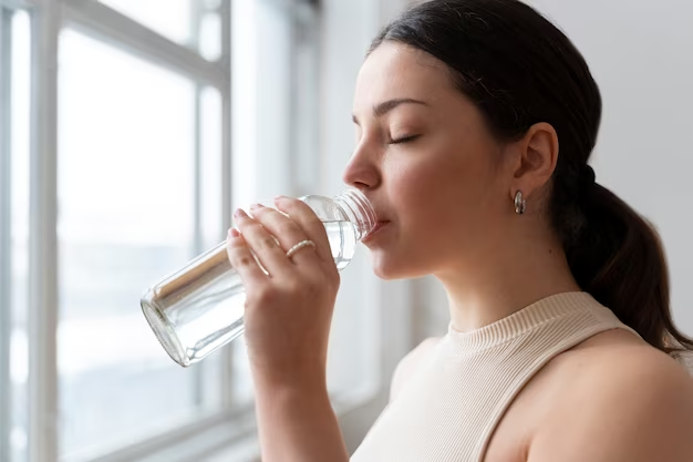 A girl drinking water, focusing on staying hydrated to improve her immune system. She is depicted holding a clear bottle filled with water, with a determined and health-conscious expression on her face.