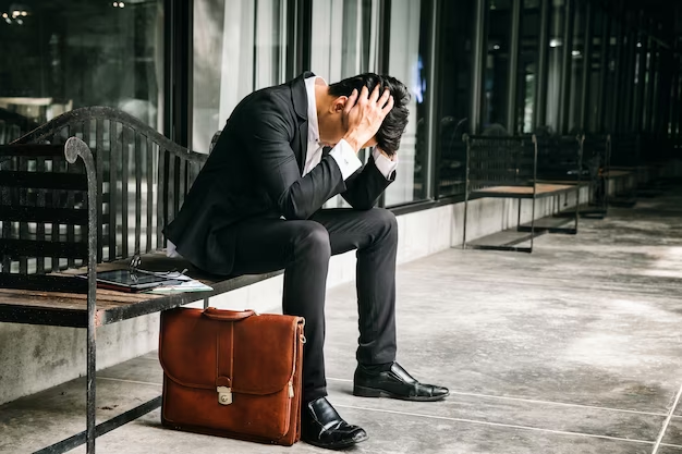 A frustrated businessman solopreneur sitting on a bench with his hand on his head and office bag. The businessman appears visibly stressed or overwhelmed, with a tense expression on his face. 