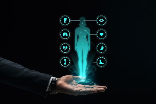 A digital representation of a human body with various aspects highlighted. The image depicts a scanned body in a wireframe or transparent form, showcasing different technological aspects. 